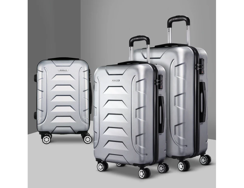 Wanderlite 3pc Luggage Trolley Travel Suitcase Set TSA Hard Case Shell Strap Silver