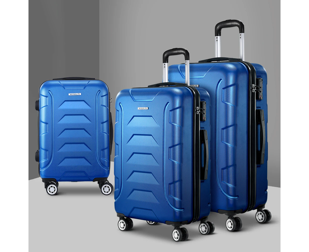 Wanderlite 3pc Luggage Trolley Travel Suitcase Set TSA Hard Shell Case Strap Blue