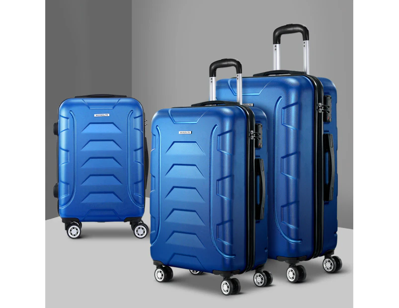 Wanderlite 3pc Luggage Trolley Travel Suitcase Set TSA Hard Shell Case Strap Blue