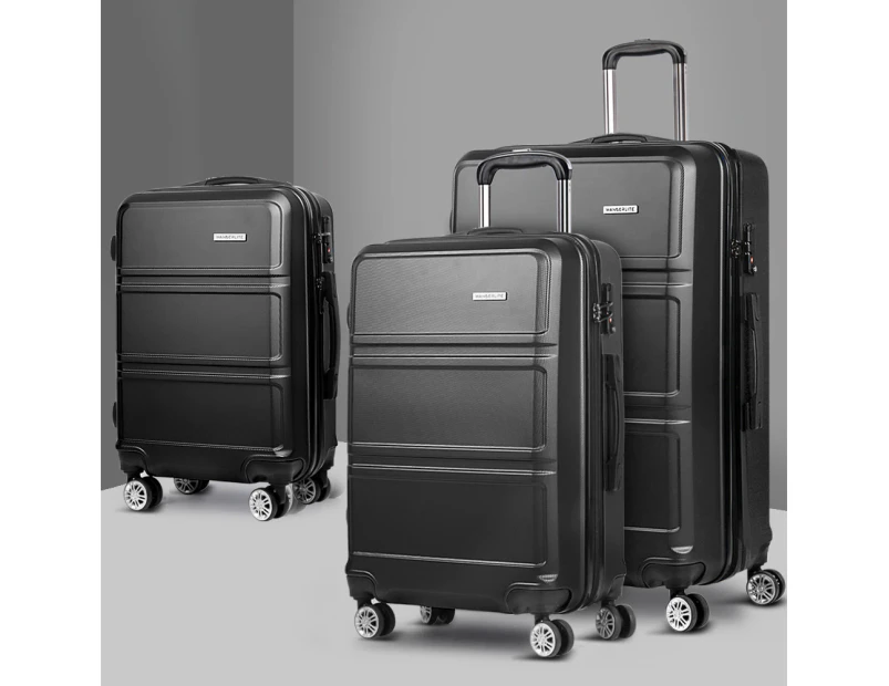 Wanderlite 3pc Luggage Trolley Set Suitcase Travel TSA Carry On Hard Case Lightweight Black