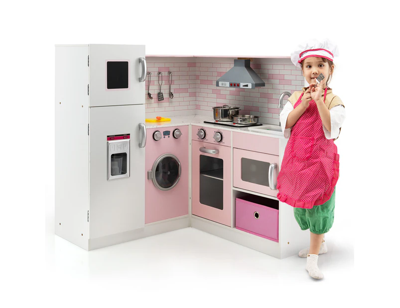 Costway Kids Kitchen Playset Wooden Cooking Pretend Toy Set Children Gift Home w/Cookware & Apron Pink