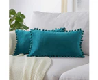 Decorative Lumbar Throw Pillow Covers 12 x 20 Inch Soft Particles Velvet Solid Cushion Covers with Pom-poms for Couch Bedroom Car , Pack of 2 12"x20"-Teal