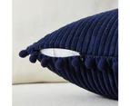 2pcs Lumbar Decorative Throw Pillow Covers with Pom-poms,Soft Corduroy Solid Rectangle Cushion Cases Set for Couch Sofa Bedroom 18 x 18-Inch-Navy Blue