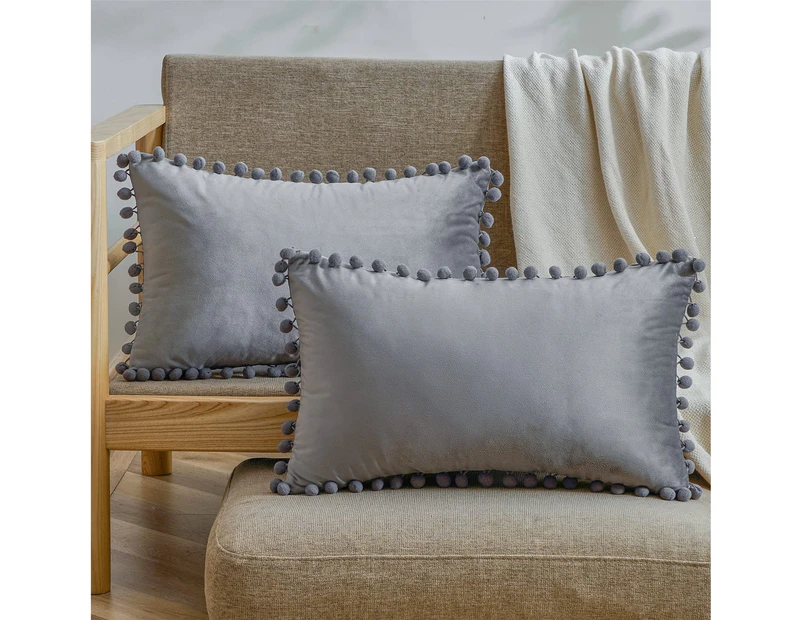Decorative Lumbar Throw Pillow Covers 12 x 20 Inch Soft Particles Velvet Solid Cushion Covers with Pom-poms for Couch Bedroom Car , Pack of 2 12"x20"-Grey