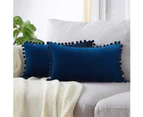 Decorative Lumbar Throw Pillow Covers 12 x 20 Inch Soft Particles Velvet Solid Cushion Covers with Pom-poms for Couch Bedroom Car , Pack of 2 12"x20"-Navy