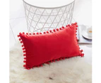 Decorative Lumbar Throw Pillow Covers 12 x 20 Inch Soft Particles Velvet Solid Cushion Covers with Pom-poms for Couch Bedroom Car , Pack of 2 12"x20"-Red