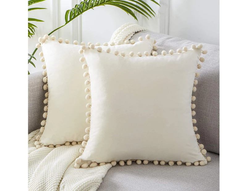 Decorative Lumbar Throw Pillow Covers 12 x 20 Inch Soft Particles Velvet Solid Cushion Covers with Pom-poms for Couch Bedroom Car , Pack of 2 20"x20"-Cream