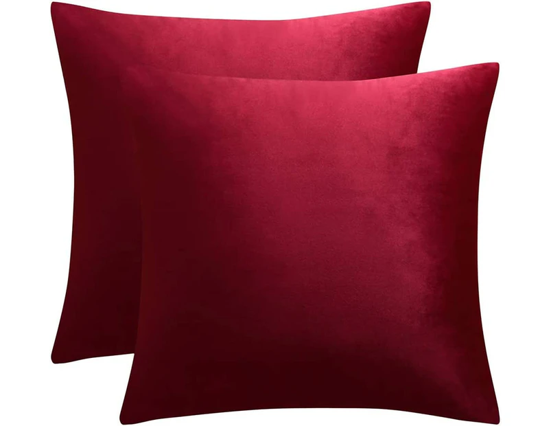 Decorative Lumbar Velvet Throw Pillow Covers ,Pack of 2 Luxury Soft Solid Cushion Cases for Sofa Couch 16"x16", Set of 2-Burgundy
