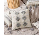 Decorative Throw Pillow Cover Tribal Boho Woven Tufted Pillowcase with Tassels Grey and Cream White
