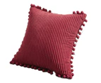 Pack of 2 Lumbar Decorative Throw Pillow Covers with Pom-poms, Soft Corduroy Solid Rectangle Cushion Cases Set for Couch Sofa Bedroom  20"x20"-Burgundy