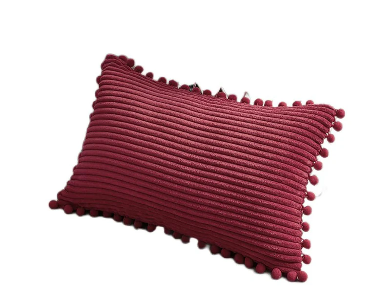Pack of 2 Lumbar Decorative Throw Pillow Covers with Pom-poms, Soft Corduroy Solid Rectangle Cushion Cases Set for Couch Sofa Bedroom 12"x20"-Burgundy