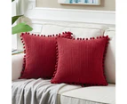 Pack of 2 Lumbar Decorative Throw Pillow Covers with Pom-poms, Soft Corduroy Solid Rectangle Cushion Cases Set for Couch Sofa Bedroom  20"x20"-Burgundy