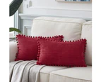 Pack of 2 Lumbar Decorative Throw Pillow Covers with Pom-poms, Soft Corduroy Solid Rectangle Cushion Cases Set for Couch Sofa Bedroom 12"x20"-Burgundy