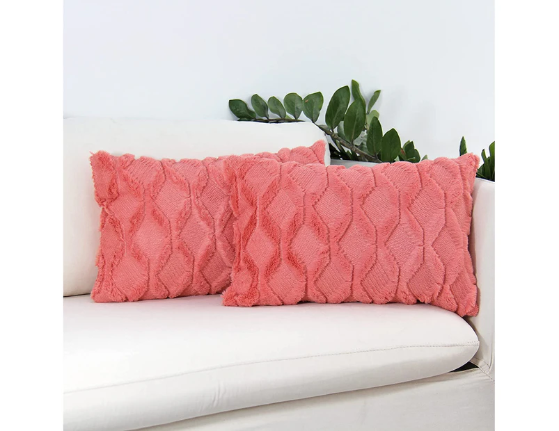 Plush Short Wool Velvet Decorative Throw Pillow Covers Luxury Style Cushion Case Faux Fur Pillowcases for Sofa Bedroom Pack of 2 12" x 20"-Coral Red
