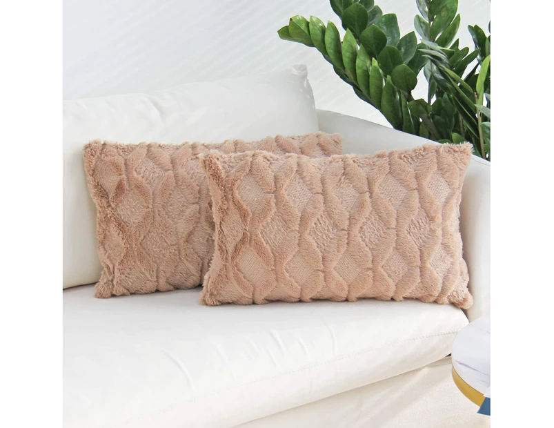 Plush Short Wool Velvet Decorative Throw Pillow Covers Luxury Style Cushion Case Faux Fur Pillowcases for Sofa Bedroom Pack of 2 12" x 20"-Khaki