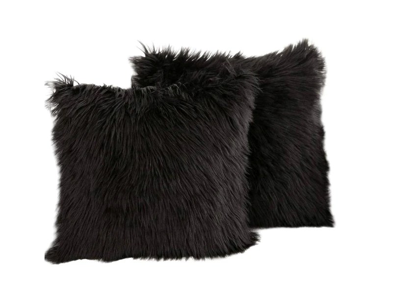 Set of 2 Decorative Pillow Covers New Luxury Series Merino Style Faux Fur Fluffy Throw Pillow Covers Square Fuzzy Cushion Case 20"x20"-Black