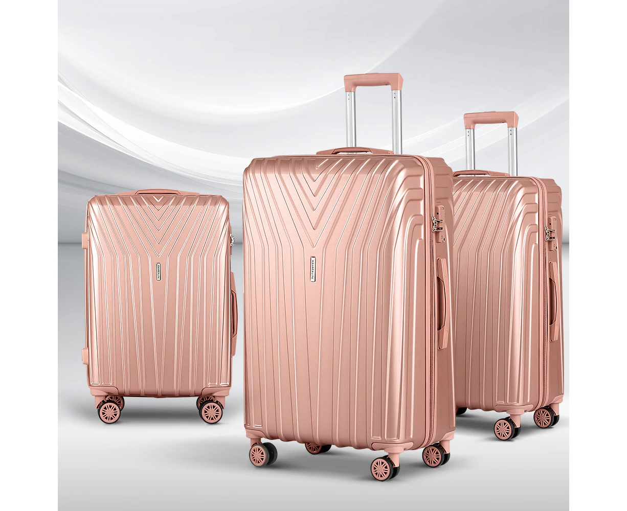 Wanderlite 3pc Luggage Trolley Set Suitcase Travel TSA Hard Case Carry On Pink Lightweight