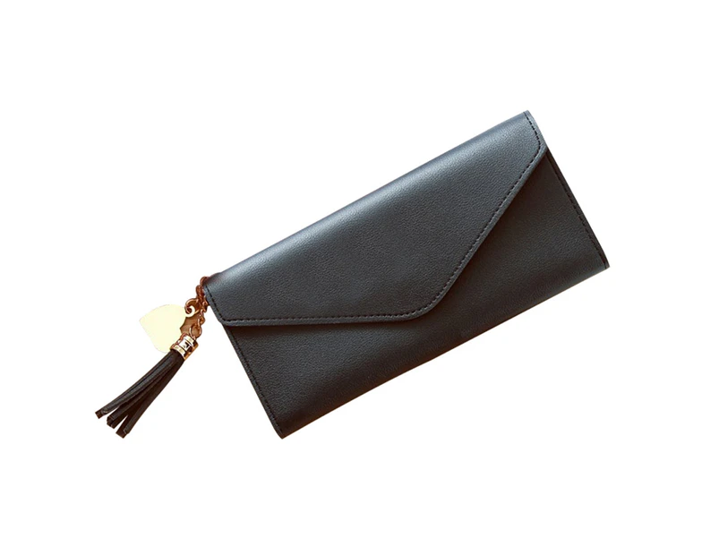 Knbhu Women Faux Leather Tassel Pendant Long Purse Card Phone Holder Clutches Handbag-Black