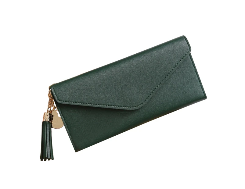 Knbhu Women Faux Leather Tassel Pendant Long Purse Card Phone Holder Clutches Handbag-Dark Green