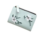 Knbhu Women Embroidery Faux Leather Coin Key Card Holder Zipper Purse Short Wallet-Light Green