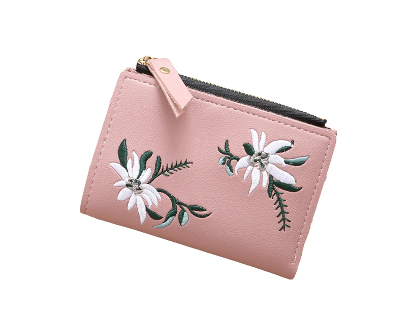 Knbhu Women Embroidery Faux Leather Coin Key Card Holder Zipper Purse Short Wallet-Light Pink