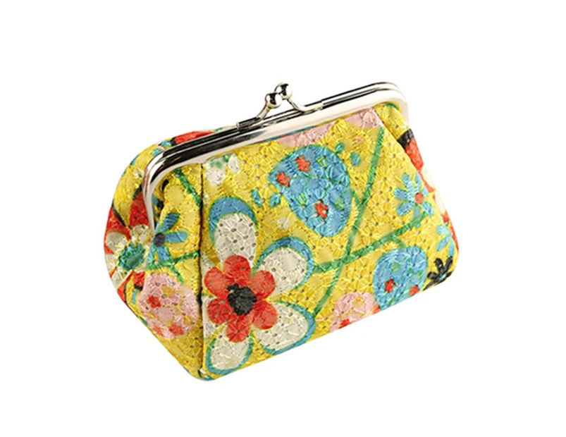 Knbhu Women Fashion Cute Flowers Embroidered Case Wallet Card Keys Pouch Coin Purse-Yellow