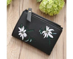 Knbhu Women Embroidery Faux Leather Coin Key Card Holder Zipper Purse Short Wallet-Black