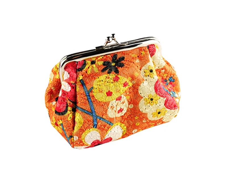 Knbhu Women Fashion Cute Flowers Embroidered Case Wallet Card Keys Pouch Coin Purse-Orange