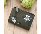 Knbhu Women Embroidery Faux Leather Coin Key Card Holder Zipper Purse Short Wallet-Blackish Green