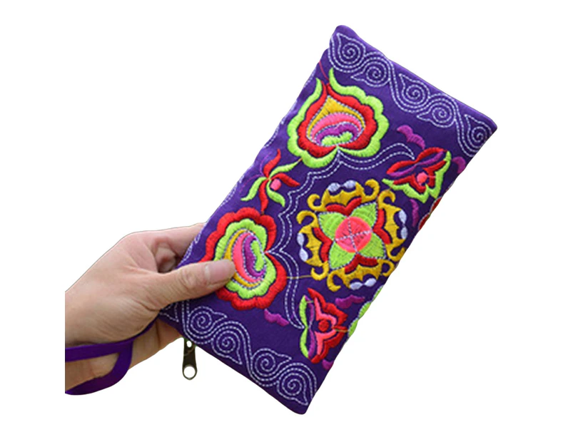 Knbhu Women Ethnic Handmade Embroidered Wristlet Clutch Bag Zipper Purse Long Wallet-Purple