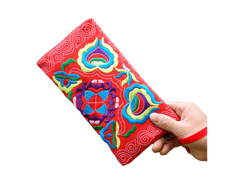 Knbhu Women Ethnic Handmade Embroidered Wristlet Clutch Bag Zipper Purse Long Wallet-Red