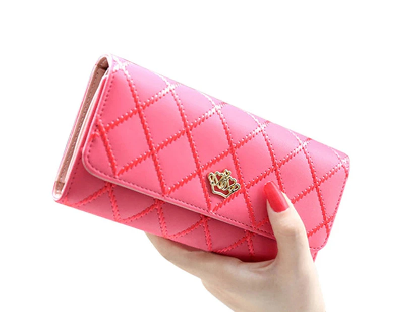 Knbhu Women Quilted Crown Clutch Long Purse Faux Leather Wallet Card Holder Handbag-Watermelon Red