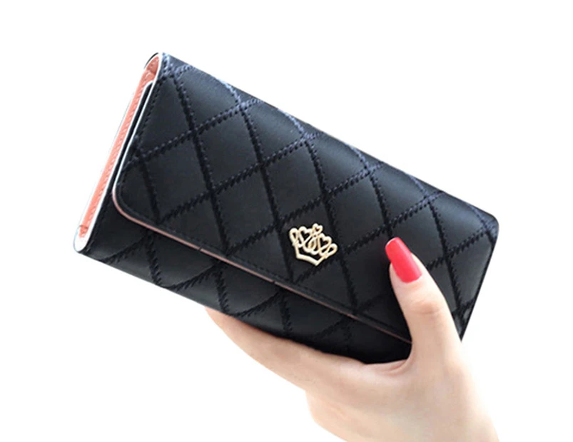 Knbhu Women Quilted Crown Clutch Long Purse Faux Leather Wallet Card Holder Handbag-Black