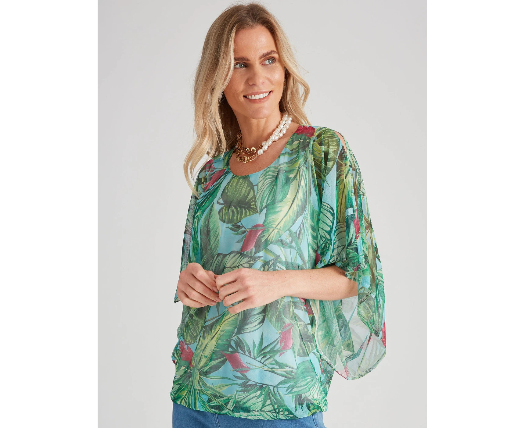 Millers Extended Sleeve Mesh Scoop Neck Top With Elasticated Hem - Womens - Green Tropical