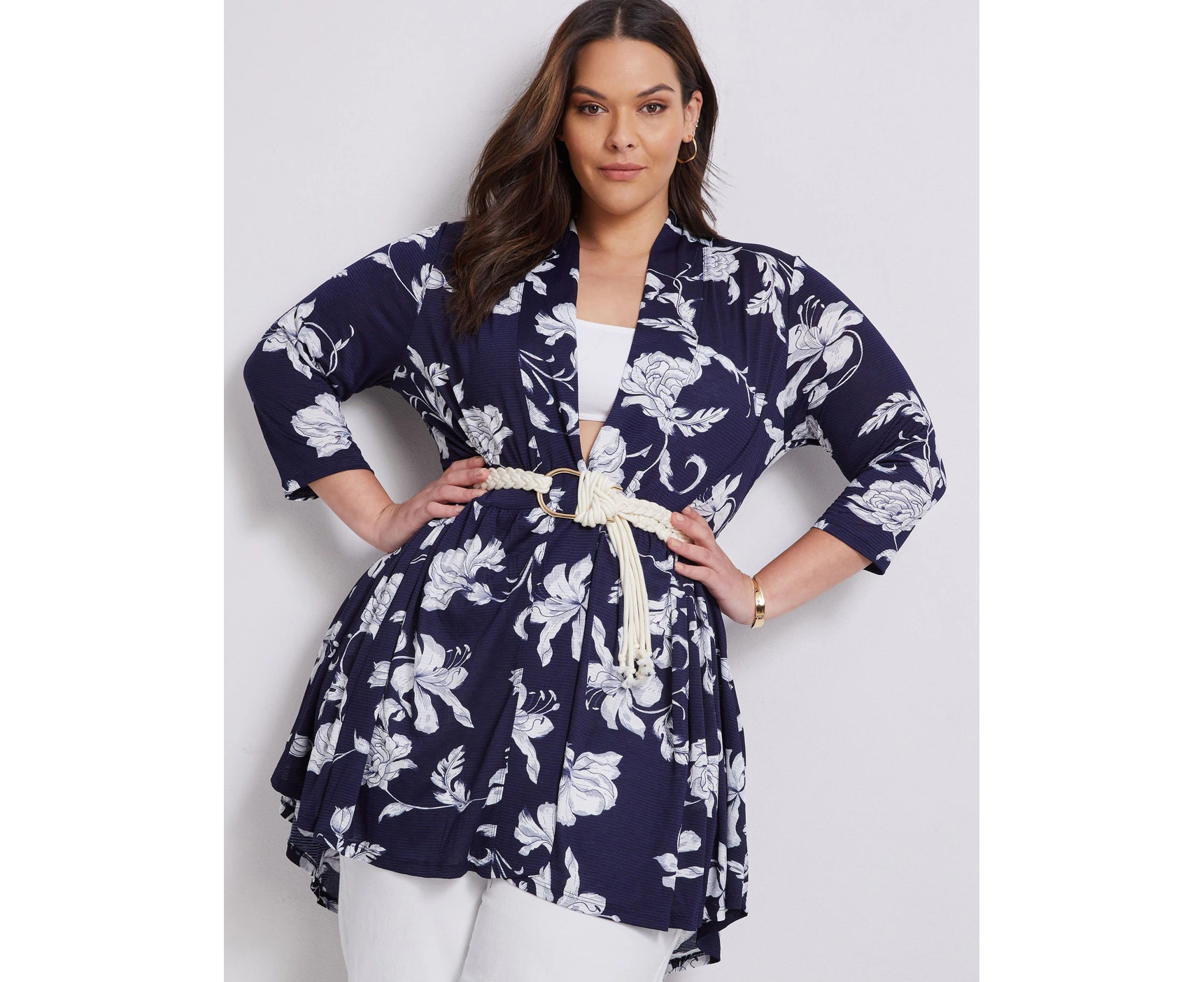 Autograph 3/4 Sleeve Mesh Cover Up - Plus Size Womens - Navy Floral