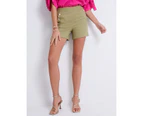 Katies Button Trim Linen Shorts - Womens - Olive Green