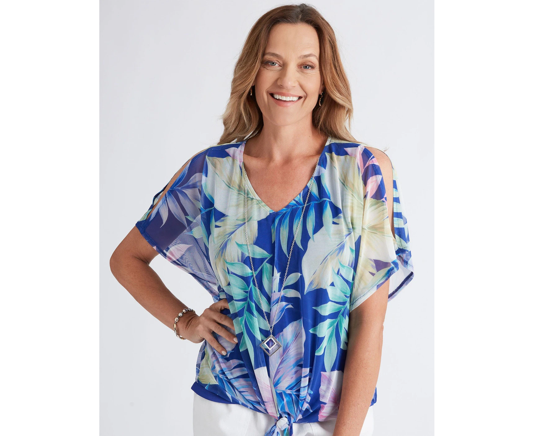 Millers - Womens Summer Tops - Blue Basic - Floral - Office Wear - Work Clothes - Cobalt Leaf - Short Sleeve - Lace - Elastane - Mesh - Tie Front