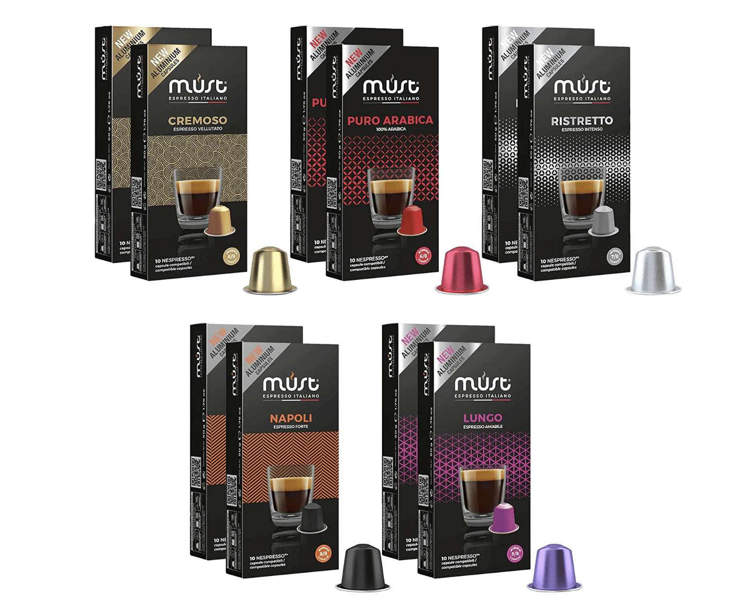 MUST Nespresso Compatible Coffee Capsules Variety Coffee Selection 100 ( 10 Packs X 10 Pods) Aluminium Capsules, Made in Italy