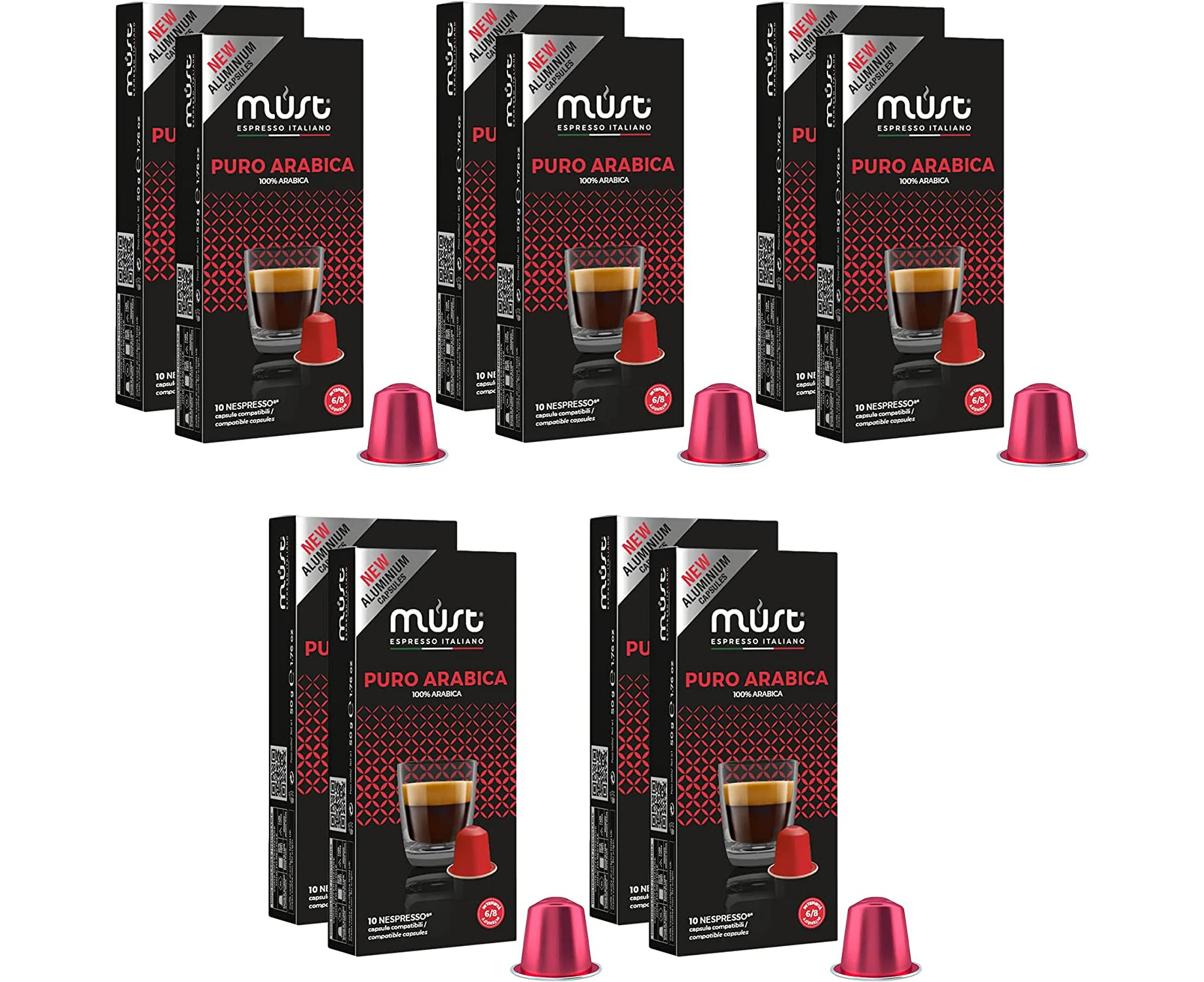 MUST Nespresso Compatible Coffee Capsules PURE ARABICA Blend 100 Pods (10 X Packs of 10 Capsules) Compatible with Nespresso Machines