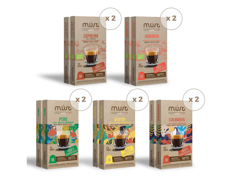 MUST Nespresso 100% Compostable Coffee Capsules Variety Coffee Selection 100 Pods ( 10 Packs X 10 Pods)