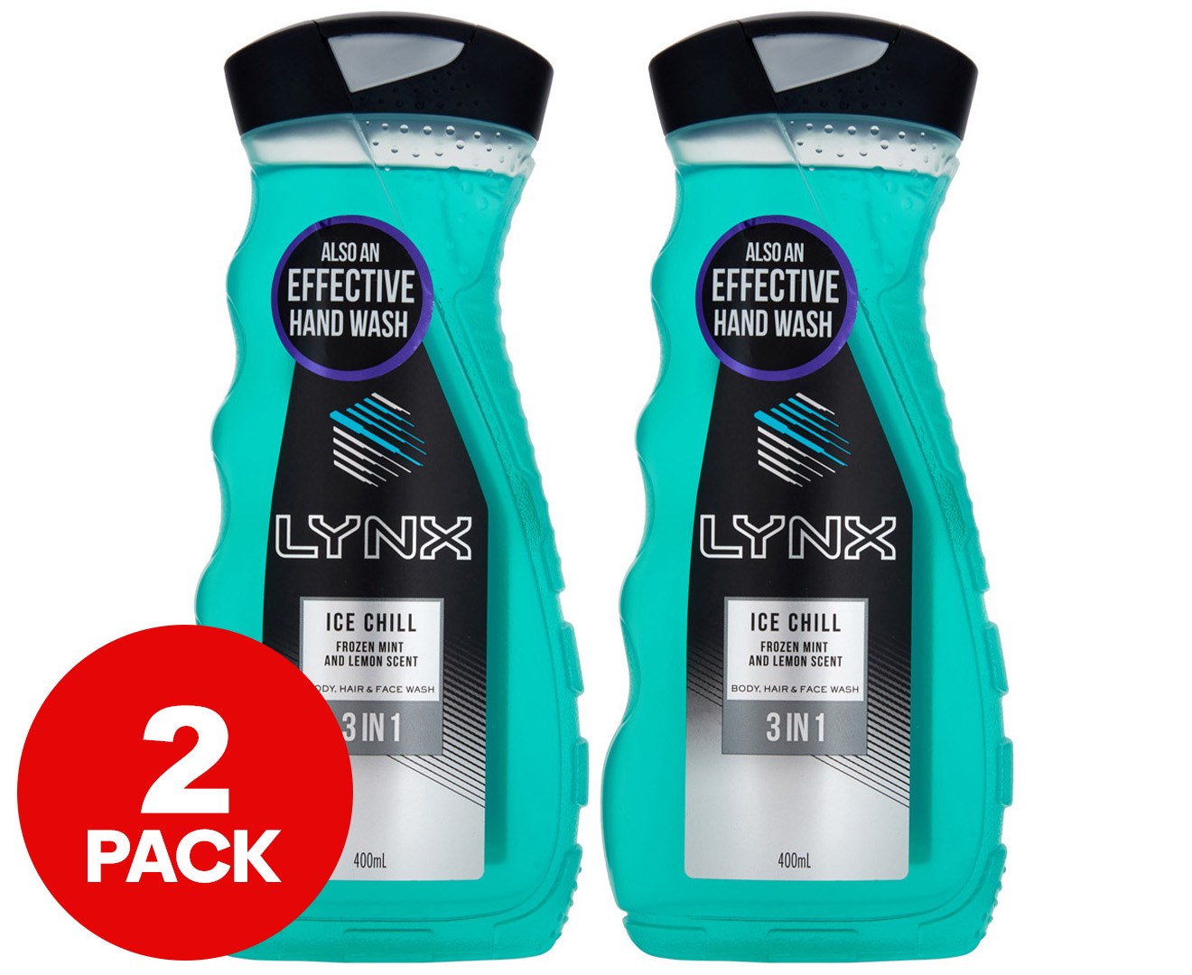 2 x Lynx 3-In-1 Body, Hair & Face Wash Ice Chill 400mL