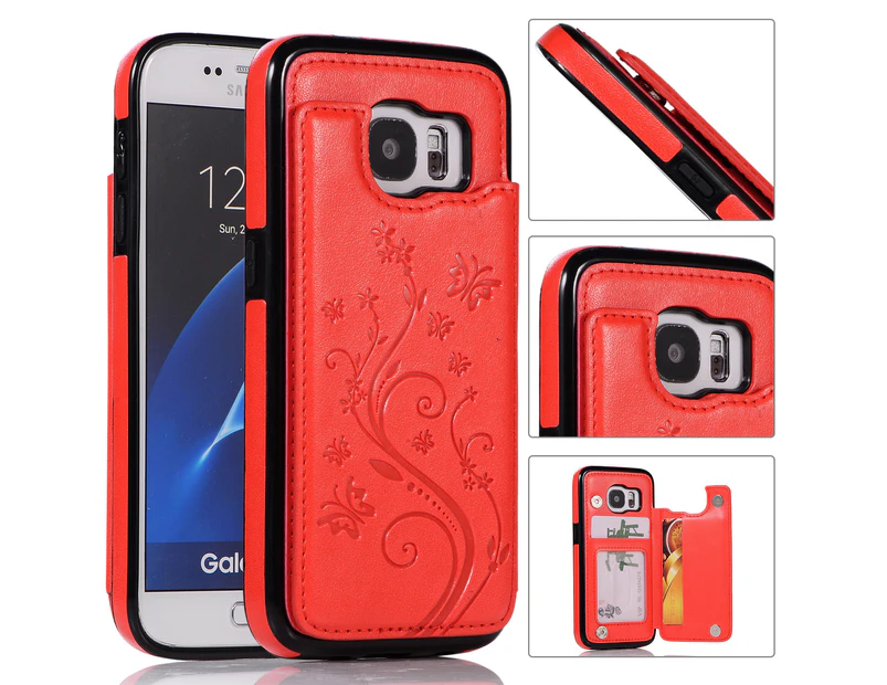For Samsung Galaxy S7 Leather Cover Wallet - Red
