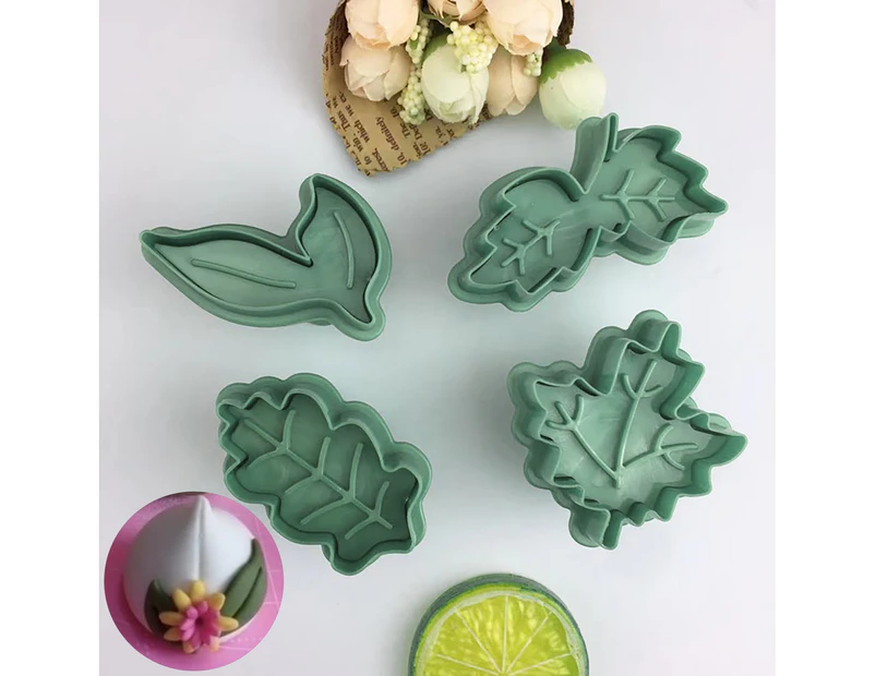 4Pcs/Set Baking Moulds Spring Handle Leaf Shape Quick Demoulding DIY Biscuit Dies Kitchen Tools for Dining Room - Green