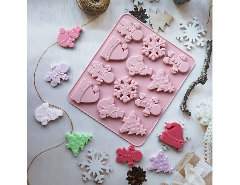 12 Cavity Reusable Easy to Clean Cake Mold Flexible High Temperature Resistant Cake Decorating Christmas Snowman Silicone Chocolate Mold for Bakery - Pink