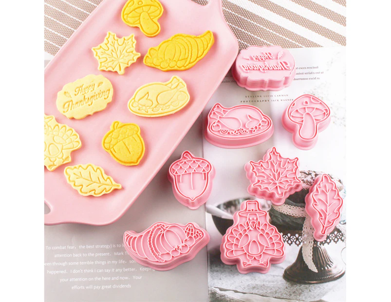 8Pcs Cookie Mold 3D Three-dimensional Press Type Non-stick Heat-resistant Reusable Cake Baking Tools DIY Pinecone Maple Leaf Thanksgiving Biscuit Cutter - Pink