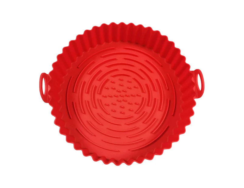 Round Silicone Air Fryers Liner with Handle Diversion Groove Reversible Air Fryers Oven Baking Tray Kitchen Tool - Red