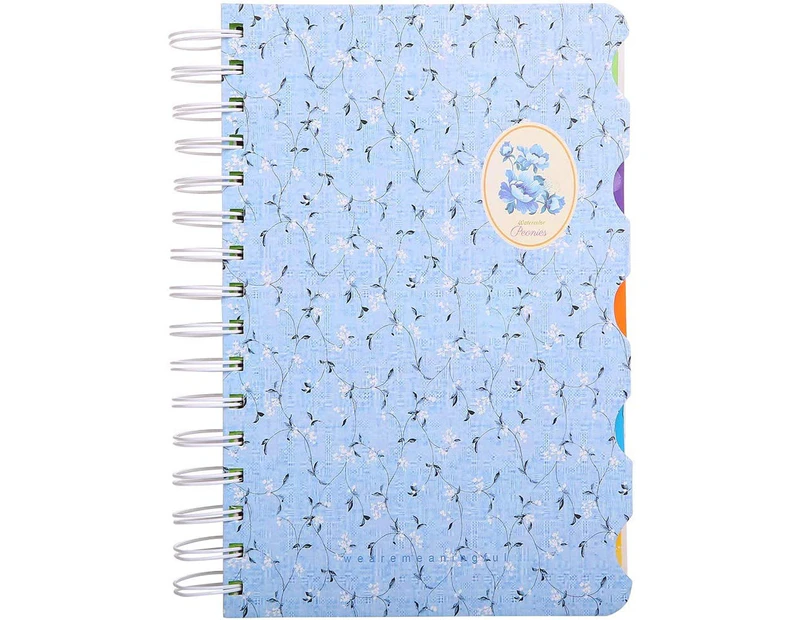 5 Subject Notebook，Wide Ruled Spiral Notebooks，A5 Colored Dividers with Tabs, Cute Floral Notepad, Hardcover Journal Memo Planner 5.7”×8.27”, 300 Pages