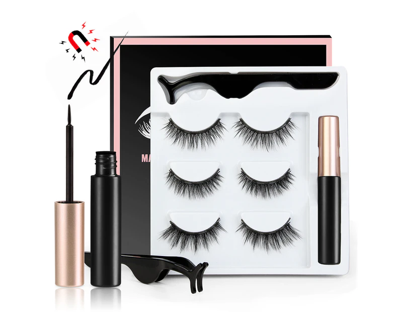 SunnyHouse 3/5pair 3D Magnetic Artificial Eyelashes Liquid Eyeliner Tweezer Makeup Tool Set - 3 Pairs
