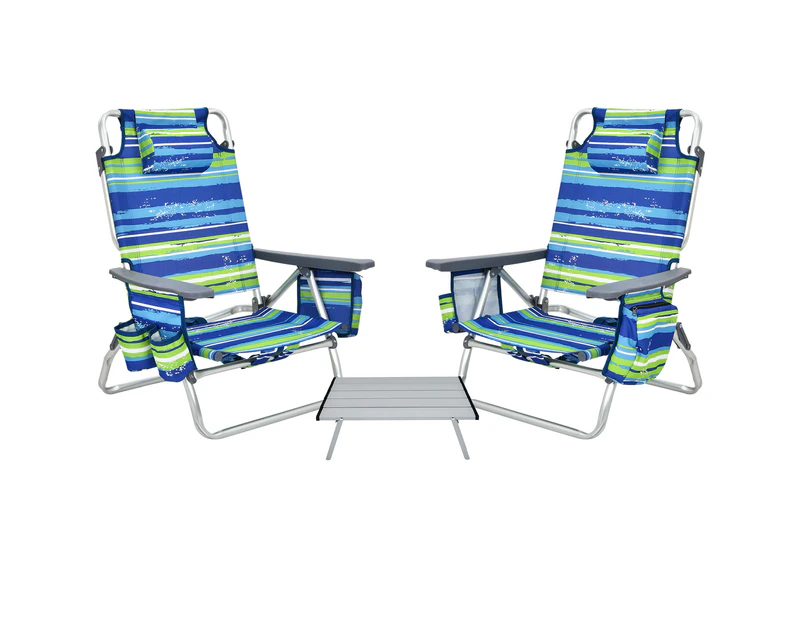 Costway 2-Pack Folding Backpack Beach Chair Table Set 5-Position Outdoor Reclining Chair Blue