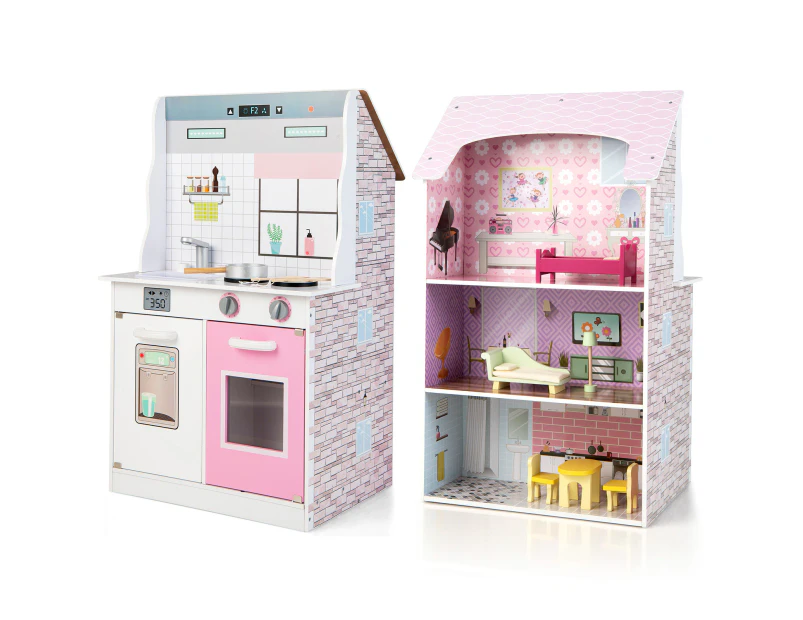 Costway 2-In-1 Kids Kitchen Playset & Dollhouse  w/Accessories Children Furniture Xmas Gift
